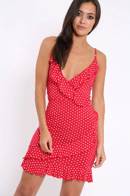 Ruffled unclassified dressesRed Polka Dot Wrap Dress with Frills - Beth Ruffled unclassified dresses