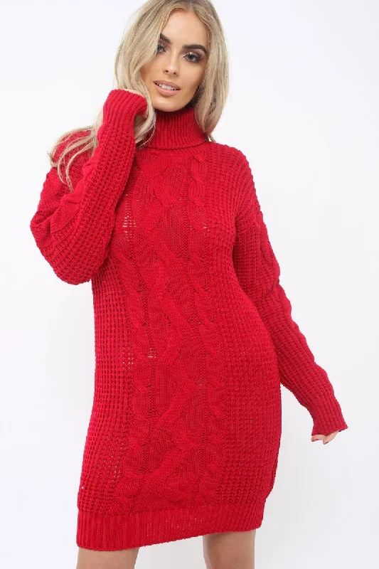 Flowy unclassified dressesRed Roll Neck Cable Knit Jumper Dress - Dawn Flowy unclassified dresses