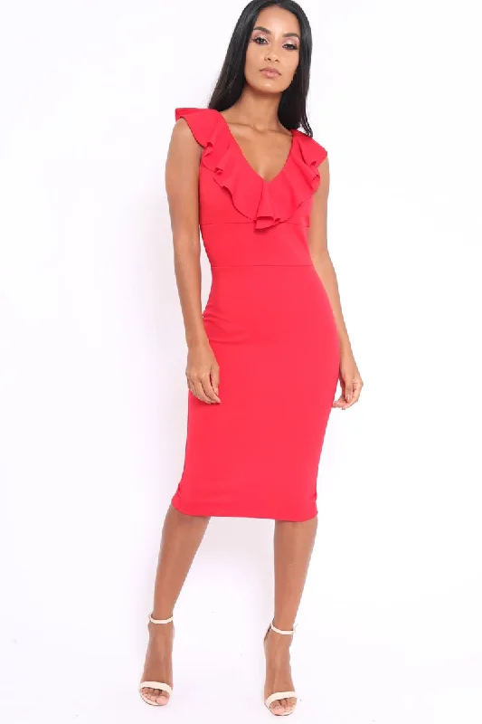 Popular unclassified dressesRed Ruffle Plunge Neck Dress - Damara Popular unclassified dresses