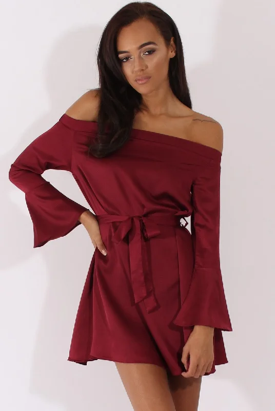 Fall unclassified dressesRed Silky Bardot Tie Waist Dress - Esther Fall unclassified dresses