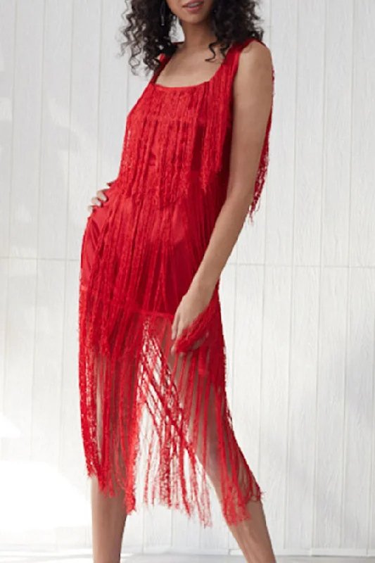 Cocktail unclassified dressesRed Square Backless Tassel Dress Cocktail unclassified dresses