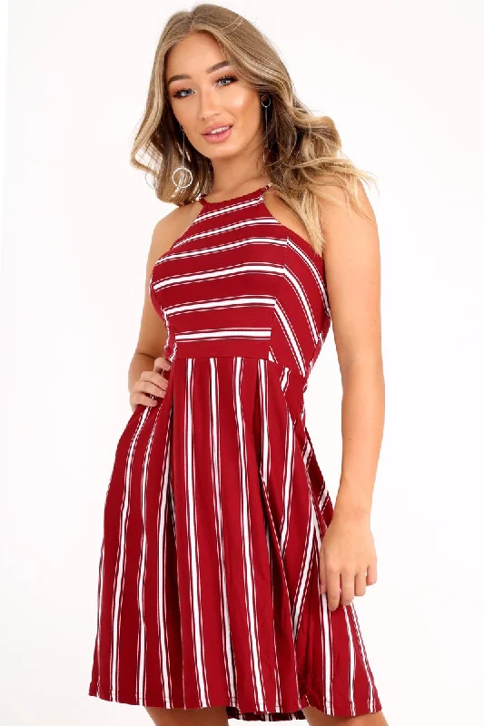 Open-back unclassified dressesRed Stripe Multi Strap Skater Dress - Kadince Open-back unclassified dresses