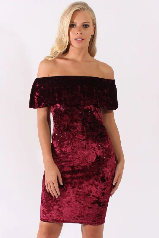 Unique unclassified dressesRed Velvet Sparkle Bardot Frill Dress - Bree Unique unclassified dresses