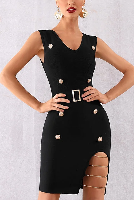 Spring unclassified dressesSexy V-neck Button Belt Bandage Dress Spring unclassified dresses