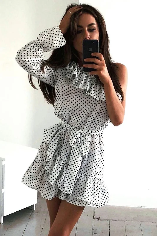 Anniversary unclassified dressesWhite and Black Polka Dot One Shoulder Frill Dress - Zyann Anniversary unclassified dresses