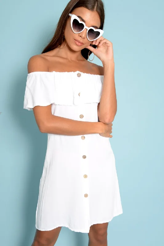 Off-shoulder unclassified dressesWhite Bardot Frill Button Front Dress - Julissa Off-shoulder unclassified dresses