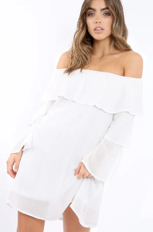 Beach unclassified dressesWhite Bardot Frill Shift Dress - Lucina Beach unclassified dresses