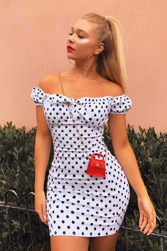 Gothic unclassified dressesWhite Black Polka Bardot Milkmaid Dress - Roya Gothic unclassified dresses