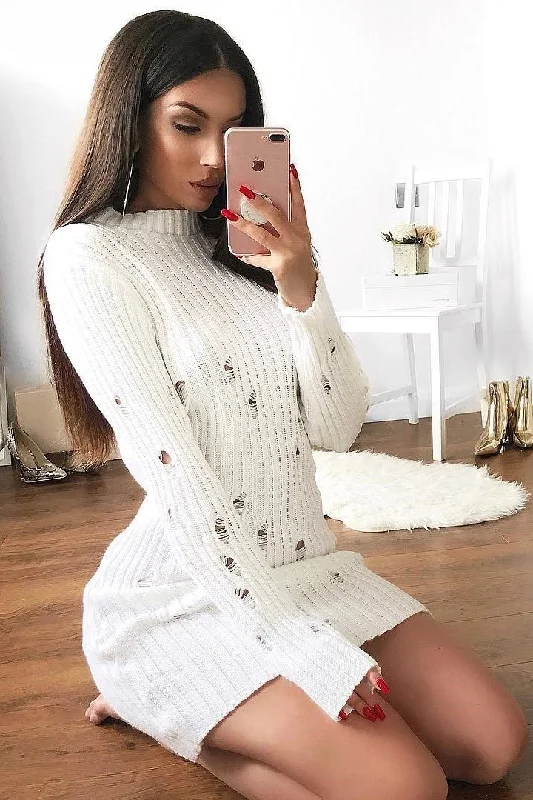 Elegant evening unclassified dressesWhite Knit Distressed Jumper Dress - Cheryl Elegant evening unclassified dresses