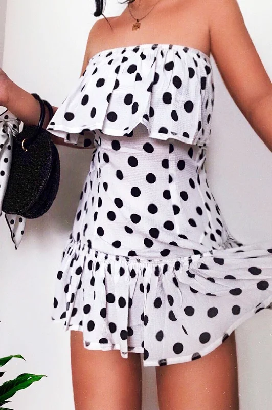 Casual chic unclassified dressesWhite Polka Dot Bardot Frill Dress - Izadora Casual chic unclassified dresses