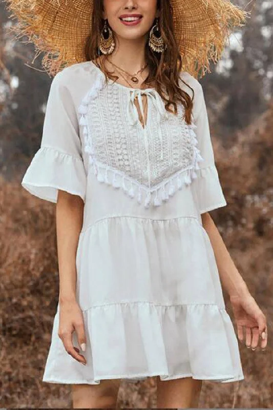 Casual unclassified dressesWhite Ruffle Trim Tasseled A-line Dress Casual unclassified dresses