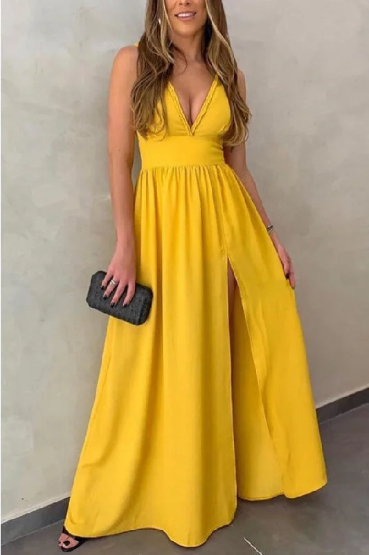 Halter unclassified dressesYellow Deep V-neck Sleeveless Slit Dress Halter unclassified dresses