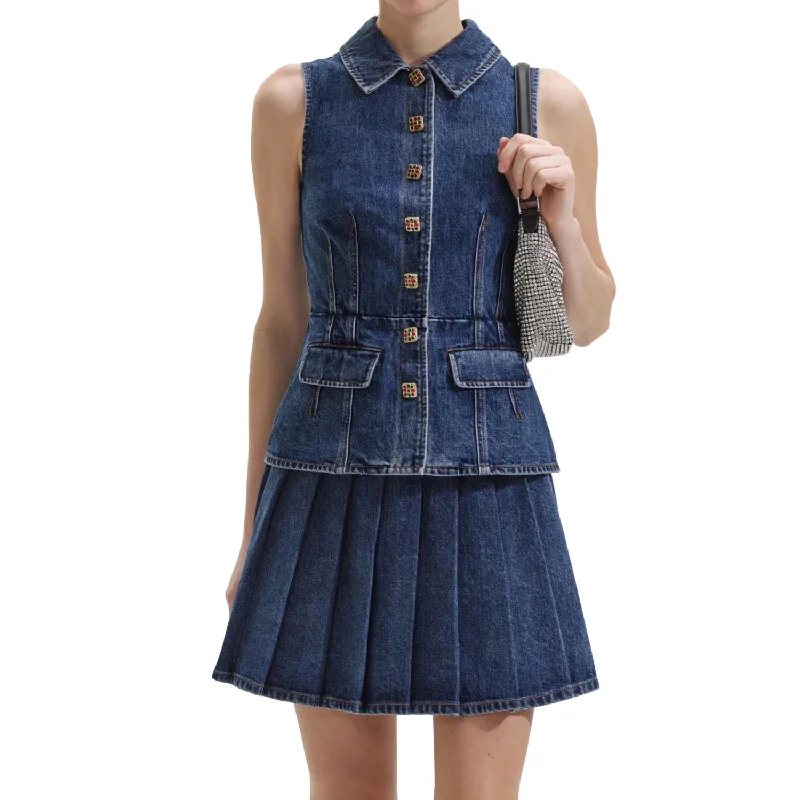 Denim Mini Dress In Mid Blue Black Mini Skirt