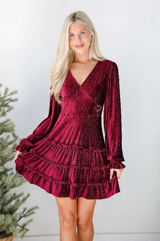 Heartful Romance Wine Velvet Mini Dress - DOORBUSTER A-line Mini Skirt