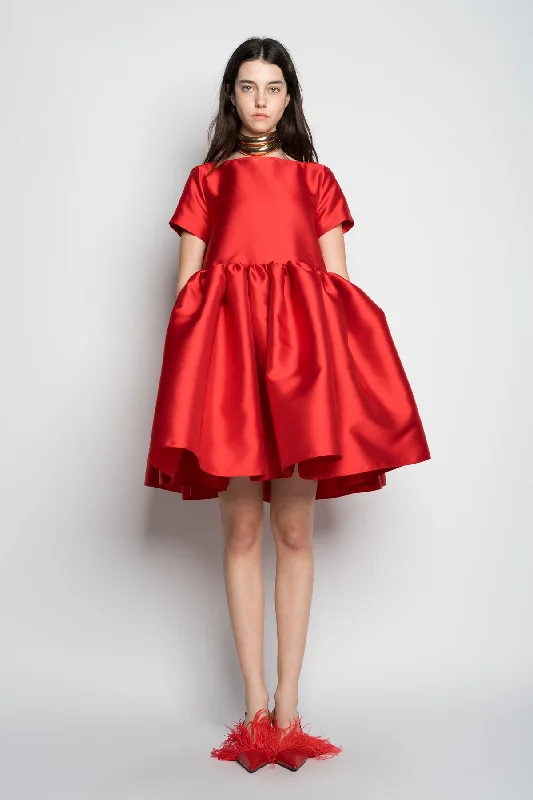 RED SHORT CAP SLEEVE PUFF DRESS Soft Mini Skirt