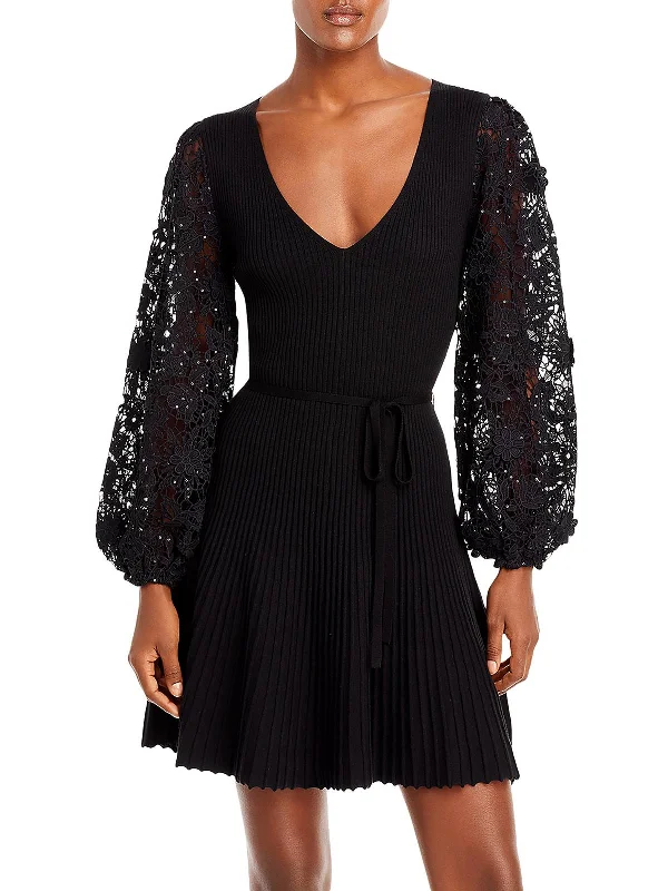 Womens Sequined Lace Mini Dress Long-sleeve Mini Skirt