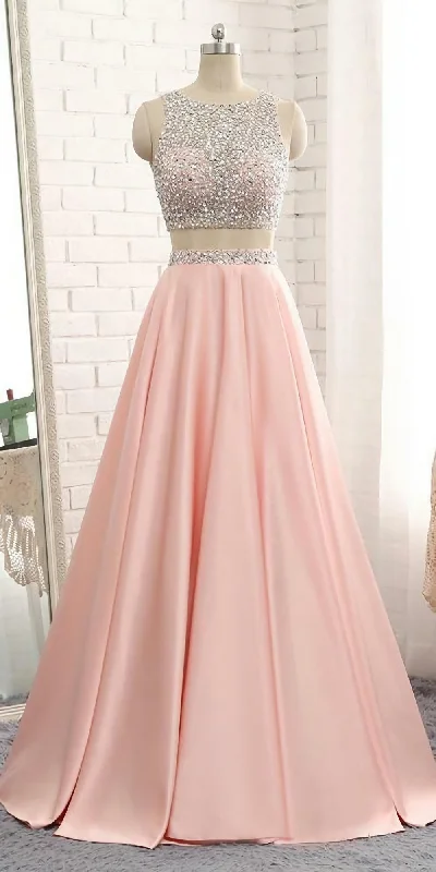 2 Pieces Beaded 2024 Sequins Open Back Corset Prom Dresses, Long Two Pieces School Dance Dress outfit Satin Maxi Skirt