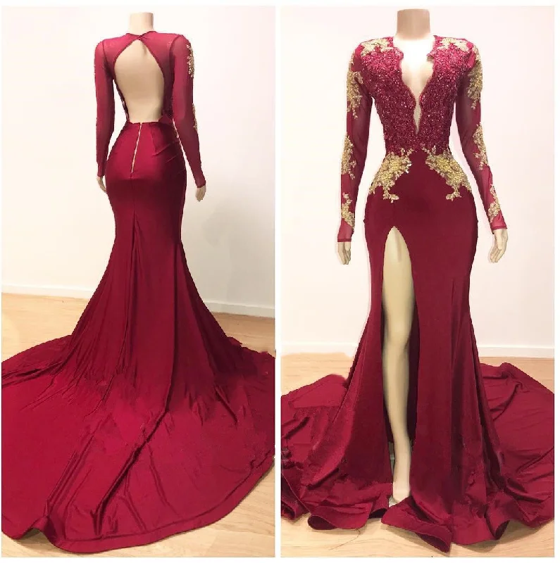 2024 Sexy Sheath Long Sleeves Burgundy and Gold Appliques Side Slit Deep V Neck African American Backless Corset Prom Dresses outfit Comfortable Long Skirt