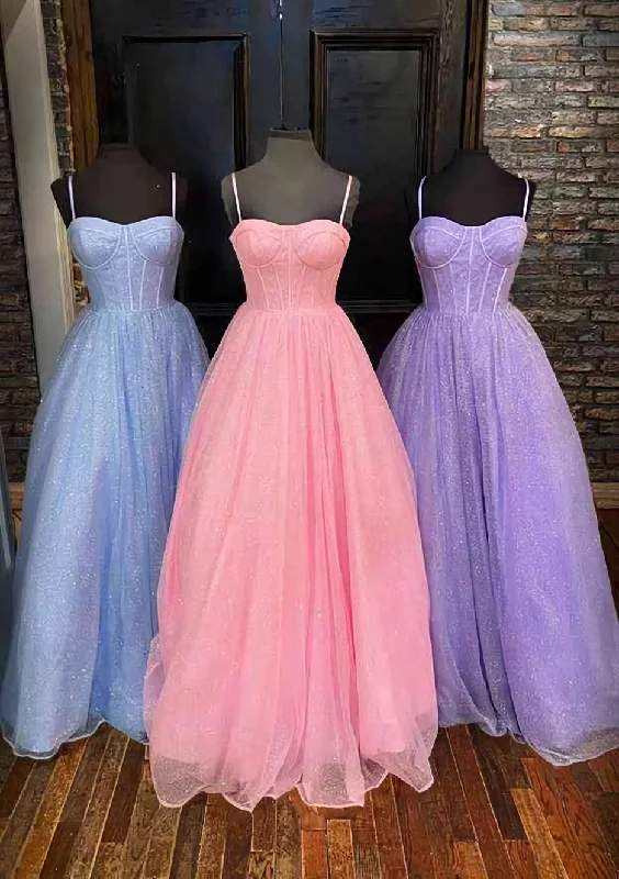 A-line Sweetheart Spaghetti Straps Long/Floor-Length Glitter Corset Prom Dress With Pockets Gowns Ruffle Long Maxi