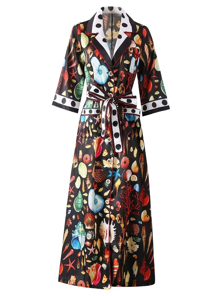 Vintage Long Shirt Dress Printed A-line Maxi