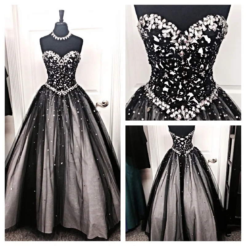 Black White Tulle Long Sweetheart Beaded Bodice For Teens Juniors Corset Prom Dresses outfit Chic Maxi Dress