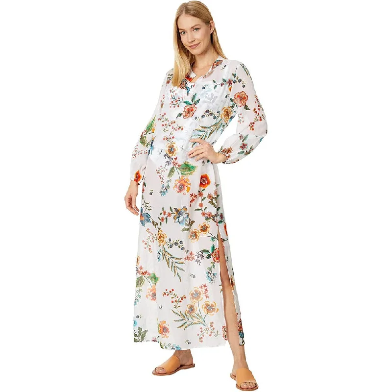 Johnny Was Women's Puff Sleeve Maxi Dress Multi White Floral Print Pleated A-line Skirt