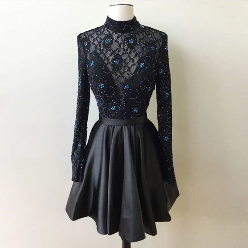 Lace A Line Beading Satin Pleated Black Long Sleeve High Neck Short Corset Homecoming Dresses outfit Maxi Skirt Casual