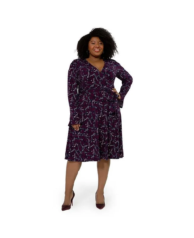 Leota Women's Rosalia Butterfly Long Sleeve Faux Wrap Dress Purple Size 1X Knit Maxi Skirt