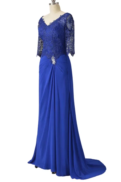 Long Pleated Lace Royal Blue Mother of Bridal Dress with Train outfit Boho Maxi Skirt