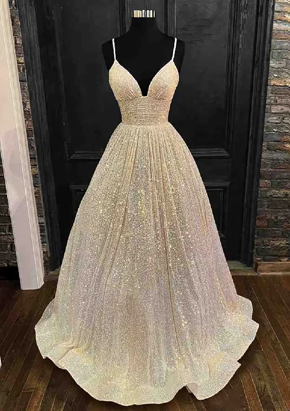 Princess A-line V Neck Spaghetti Straps Long/Floor-Length Sequined Corset Prom Dress With Pleated Gowns Casual Maxi Outfit