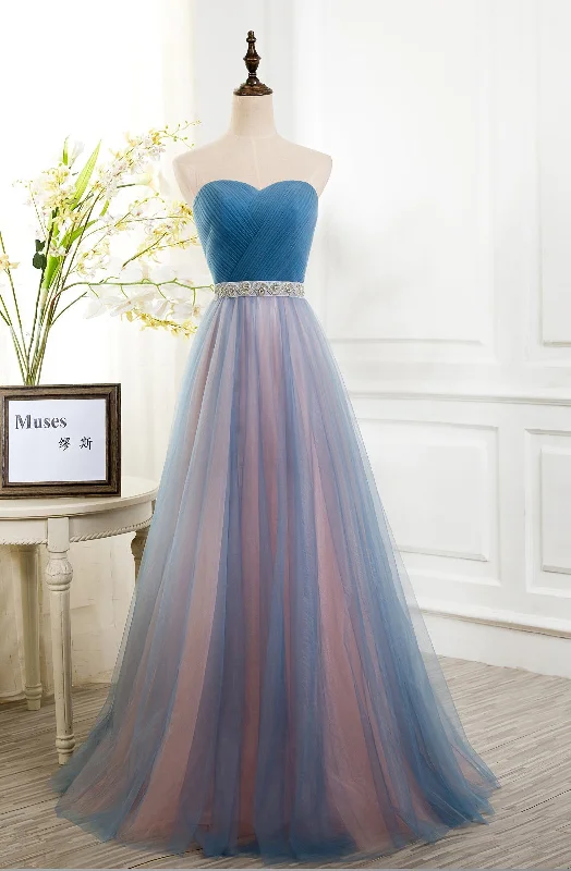 Sweetheart Blue Peach Tulle Strapless Long Pleated Sexy A Line With Beads Sashes Corset Prom Dresses outfit Soft Flow Maxi