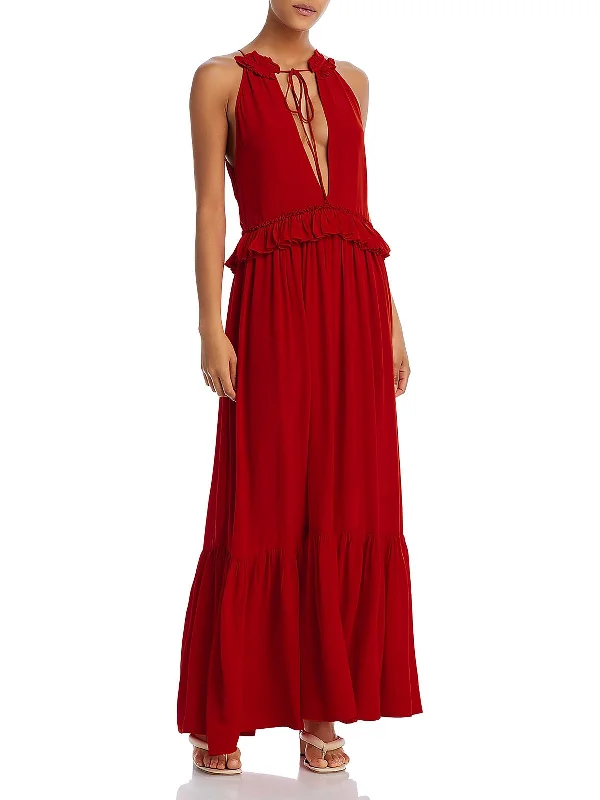 Womens Tie Neck Maxi Maxi Dress Front Pocket Maxi