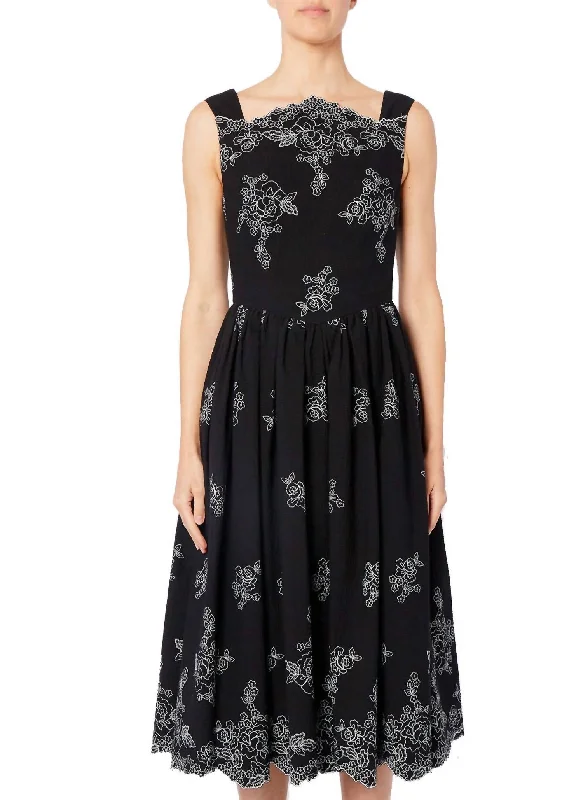 Lynn Sleeveless Midi Dress In Black Pleated Satin Skirt