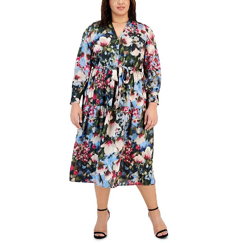 Plus Womens Satin Floral Midi Dress Midi Skirt Style