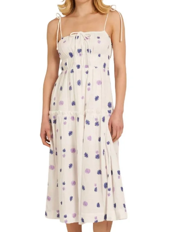 Spaghetti Strap Midi Dress With Embroidered Flower Detail In White/navy/lavender Polka Dot Midi