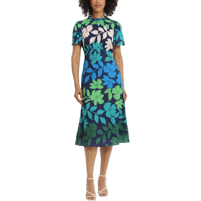 Womens Crepe Floral Midi Dress Elegant Satin Skirt