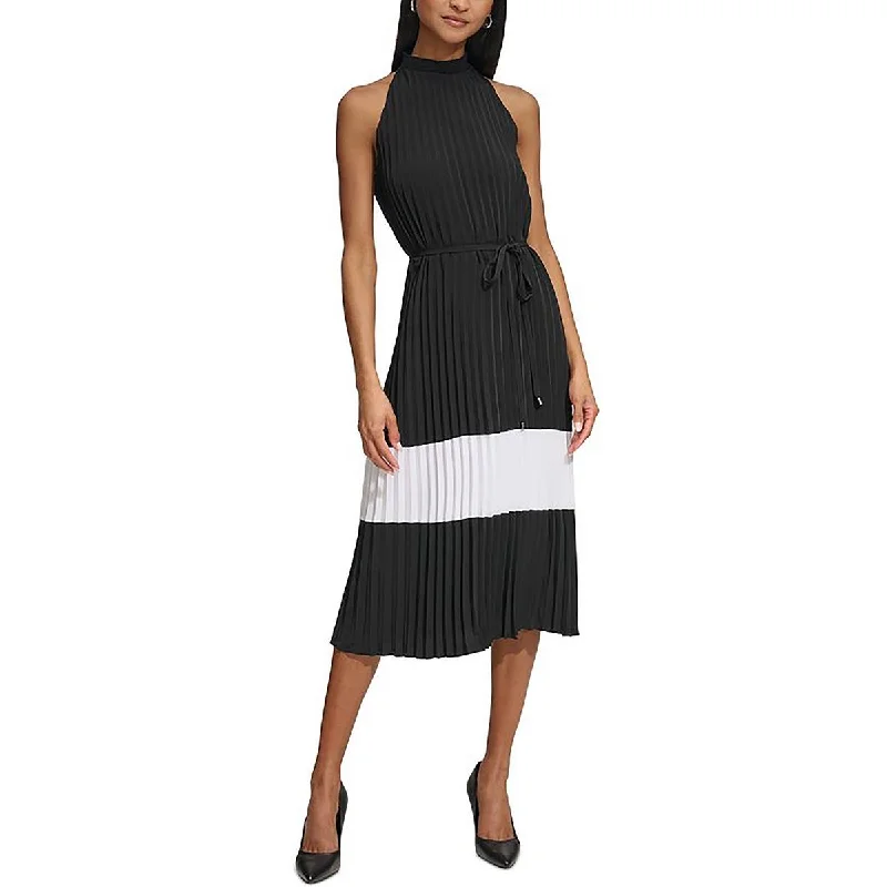 Womens Pleated Smocked Neck Midi Dress Ruffled Skirt Midi