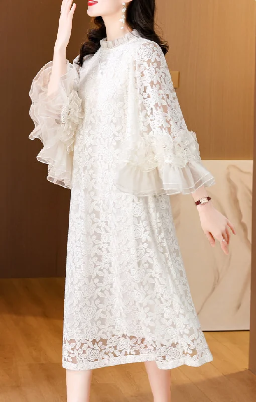 Round neck lace jacquard custom beaded trumpet sleeve dress for women Layered Lace Dress