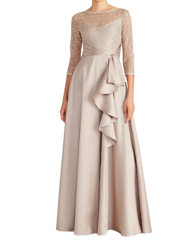 Zola Bateau Mikado Lace Gown In Clay Lace Detail Gown